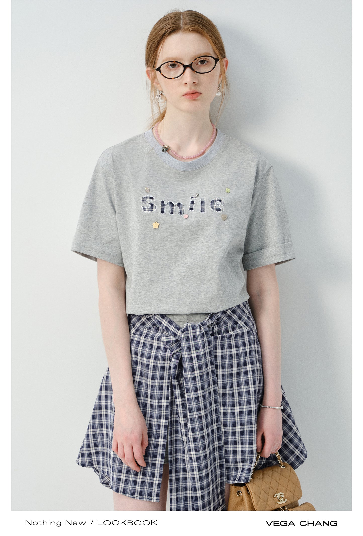 Letter Patch Tee & Plaid Skirt Pants
