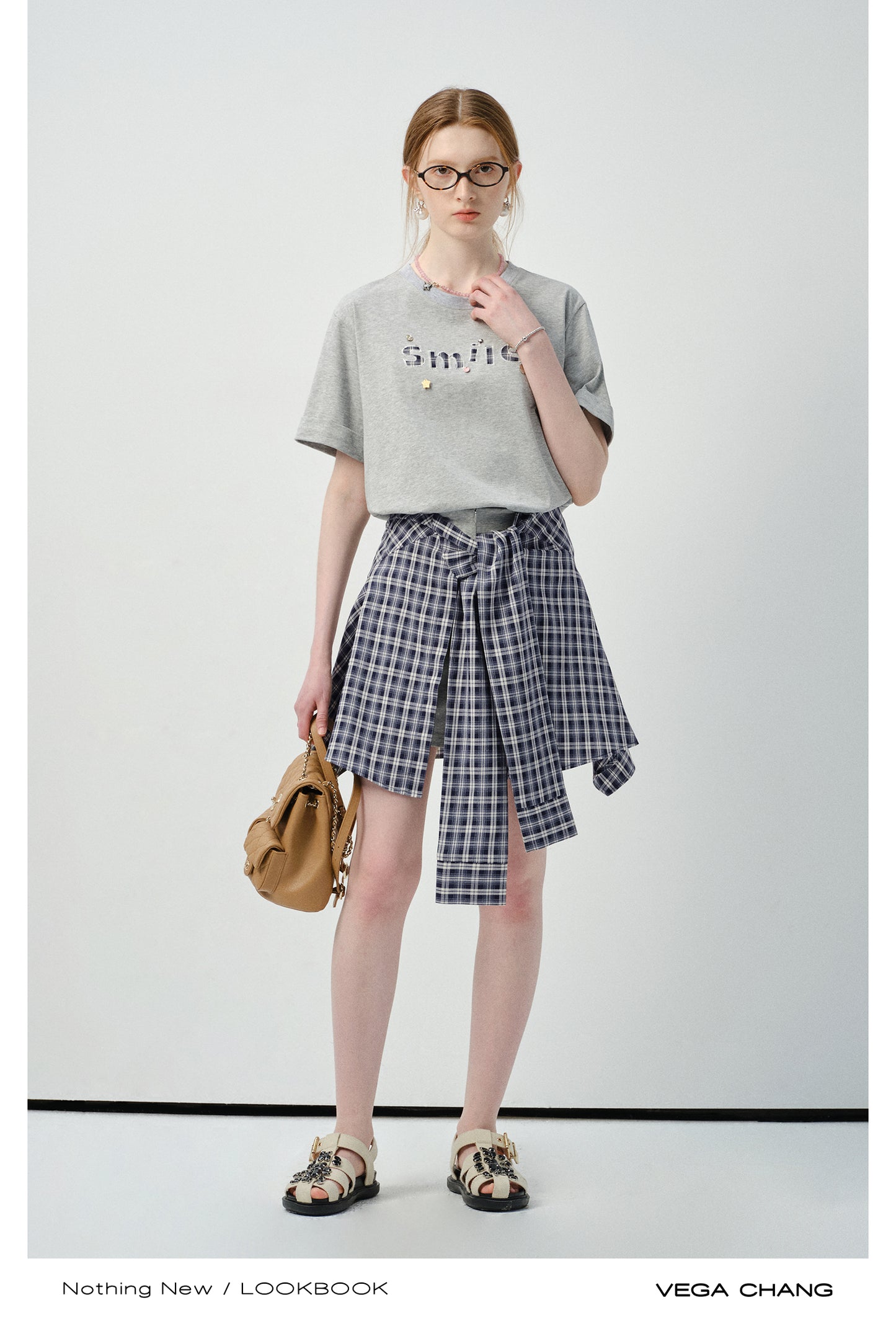 Letter Patch Tee & Plaid Skirt Pants