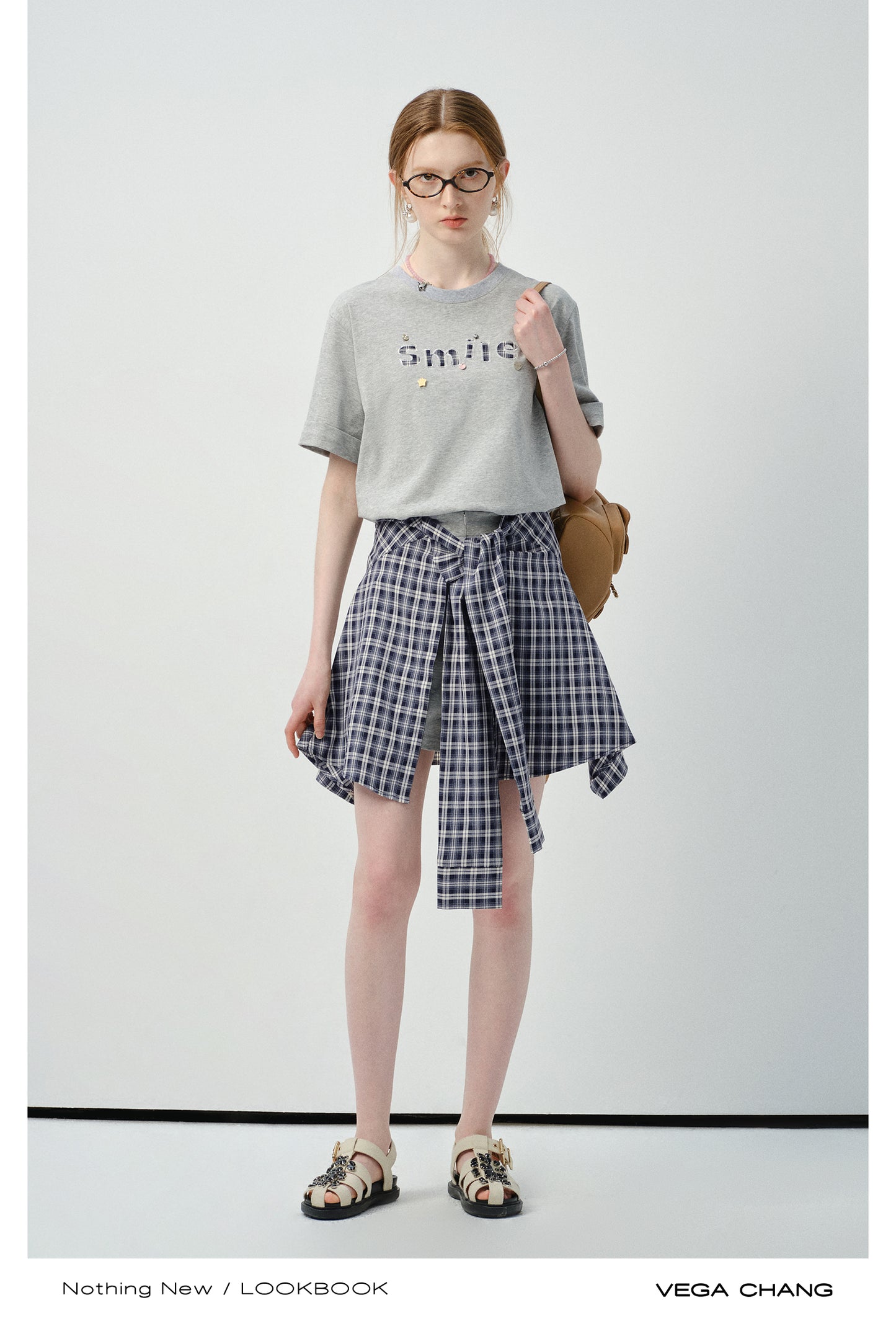 Letter Patch Tee & Plaid Skirt Pants