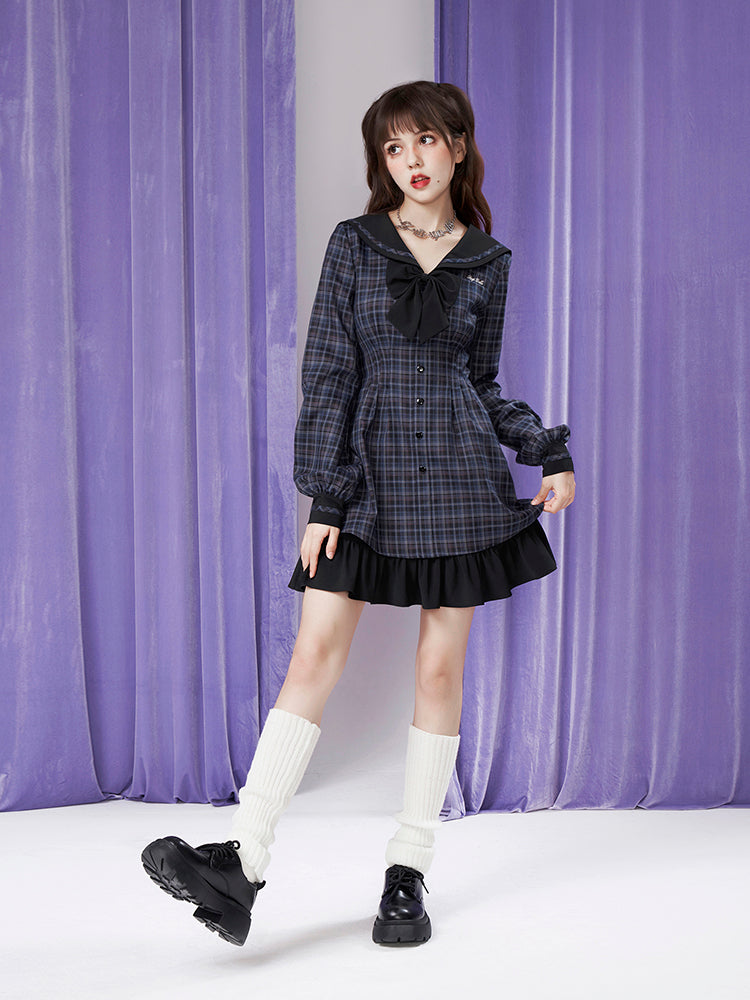 Plaid Sailor Dress With Ruffled Hem And Bow Detail