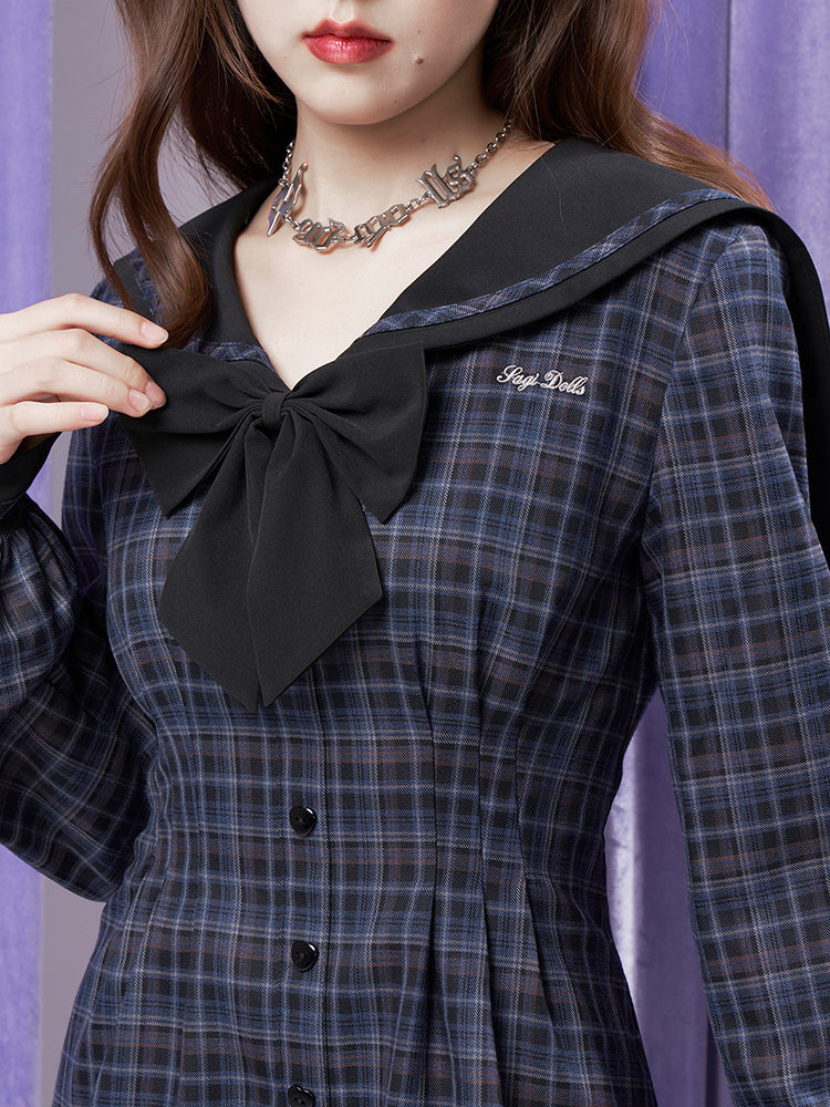 Plaid Sailor Dress With Ruffled Hem And Bow Detail