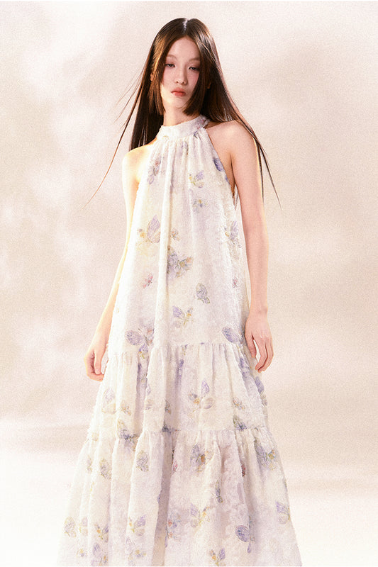 Butterfly Floral Print Halter Neck Sleeveless Dress