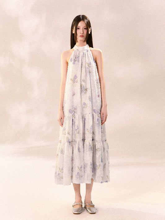 Butterfly Floral Print Halter Neck Sleeveless Dress