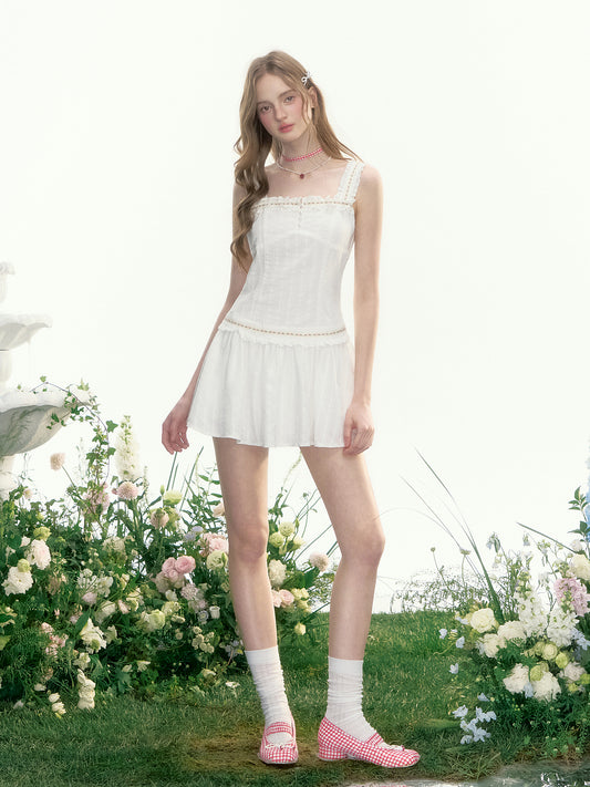 Fitted Cotton Dress With Floral Tape Detail