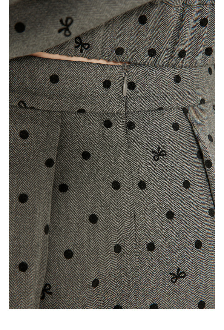 Bow Dot Herringbone Zip Jacket And Pleated Skirt