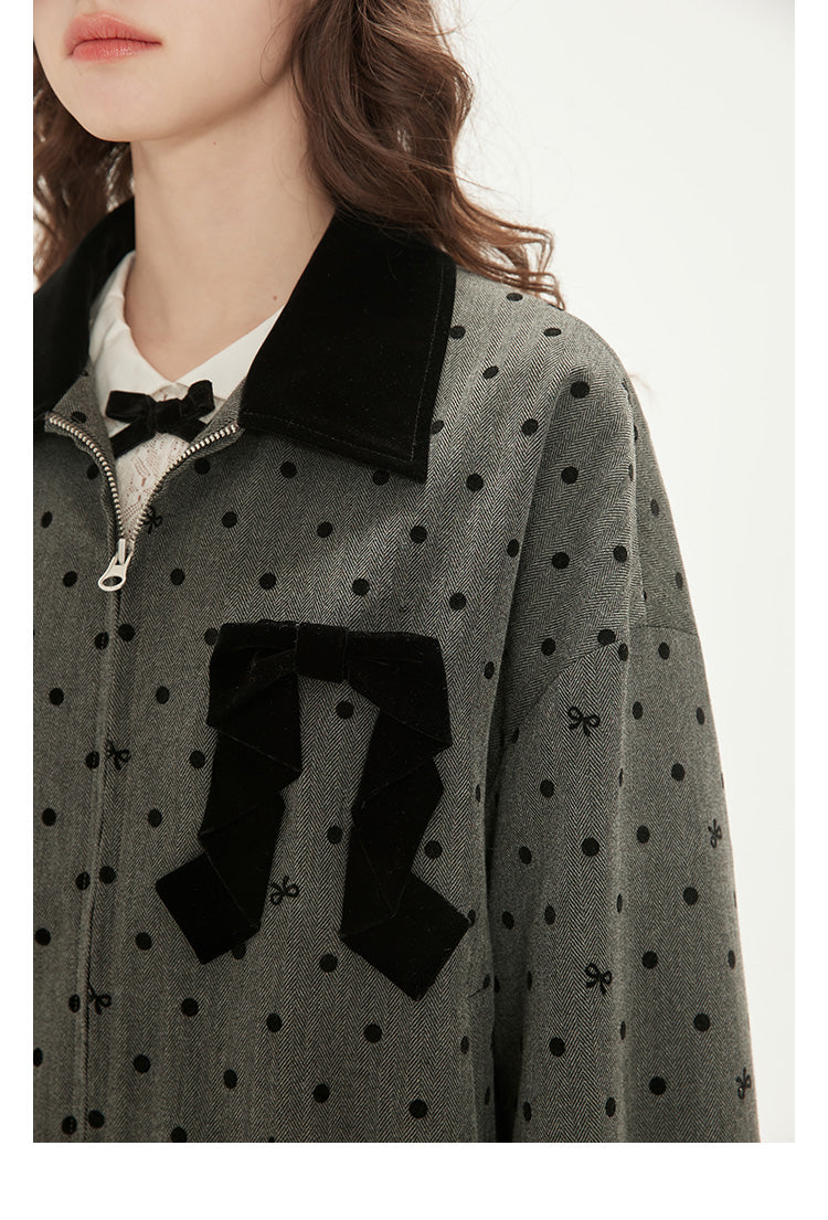 Bow Dot Herringbone Zip Jacket And Pleated Skirt