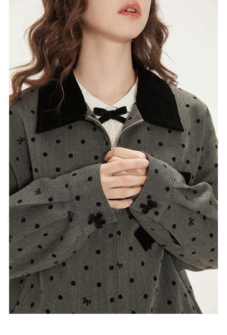 Bow Dot Herringbone Zip Jacket And Pleated Skirt