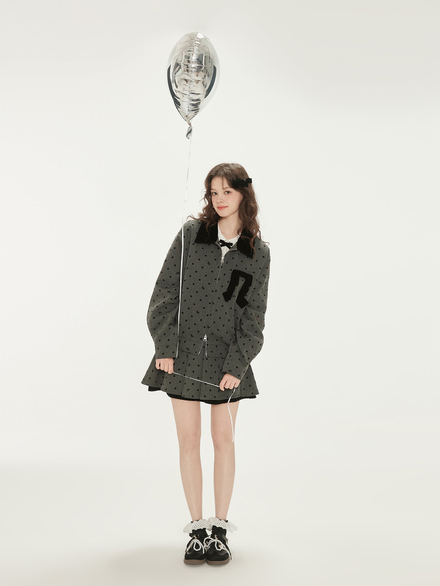 Bow Dot Herringbone Zip Jacket And Pleated Skirt