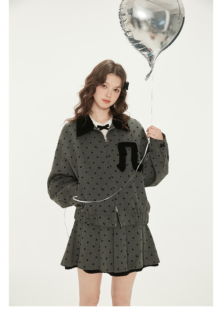 Bow Dot Herringbone Zip Jacket And Pleated Skirt