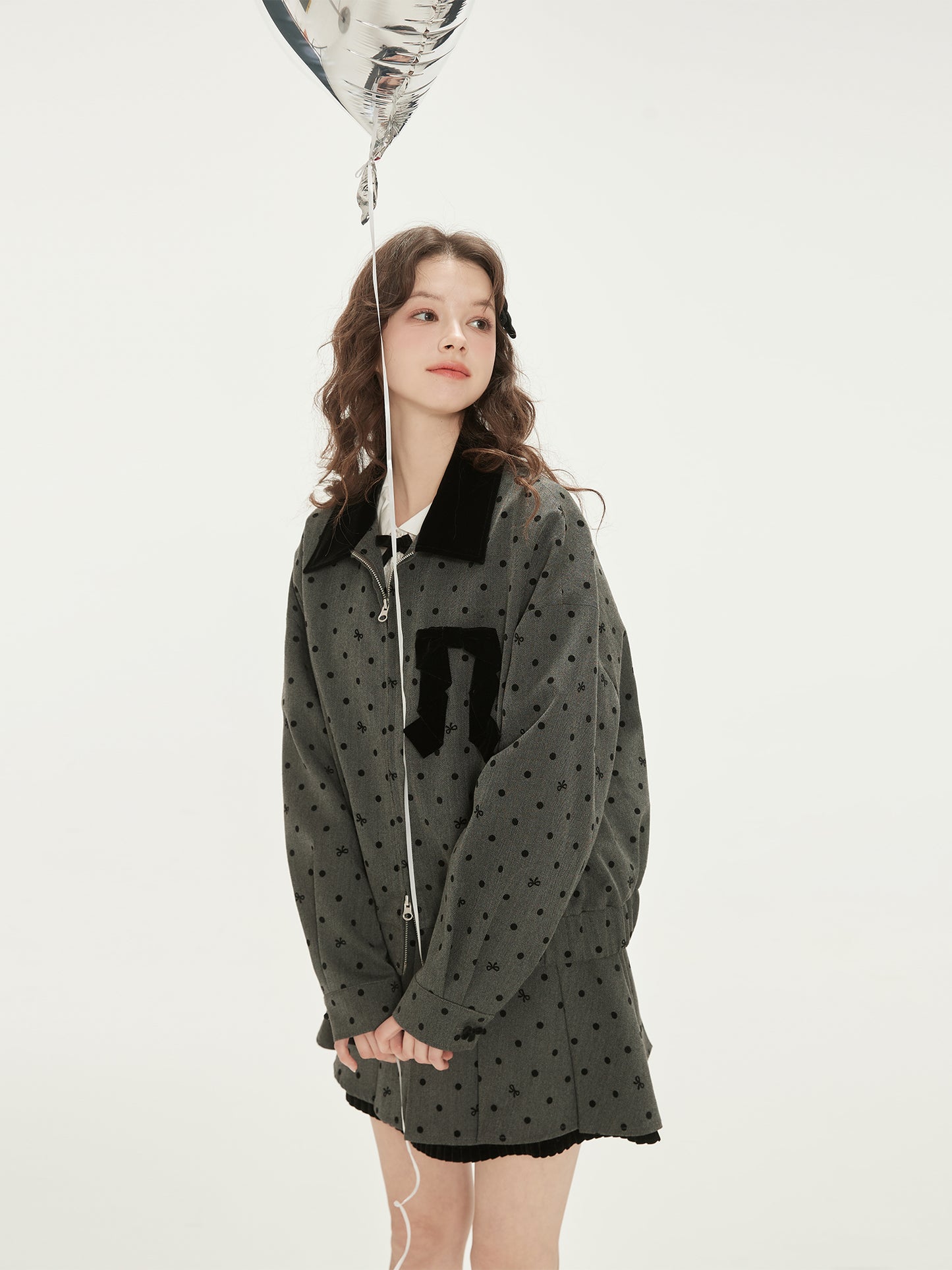 Bow Dot Herringbone Zip Jacket And Pleated Skirt