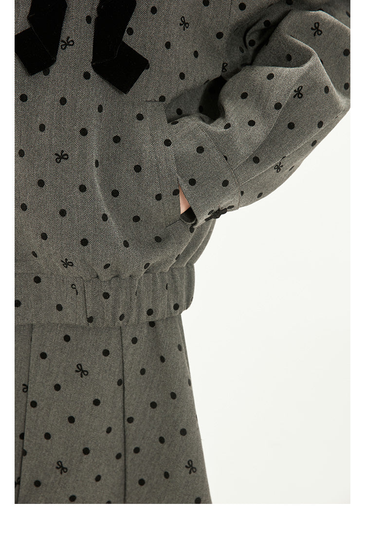 Bow Dot Herringbone Zip Jacket And Pleated Skirt