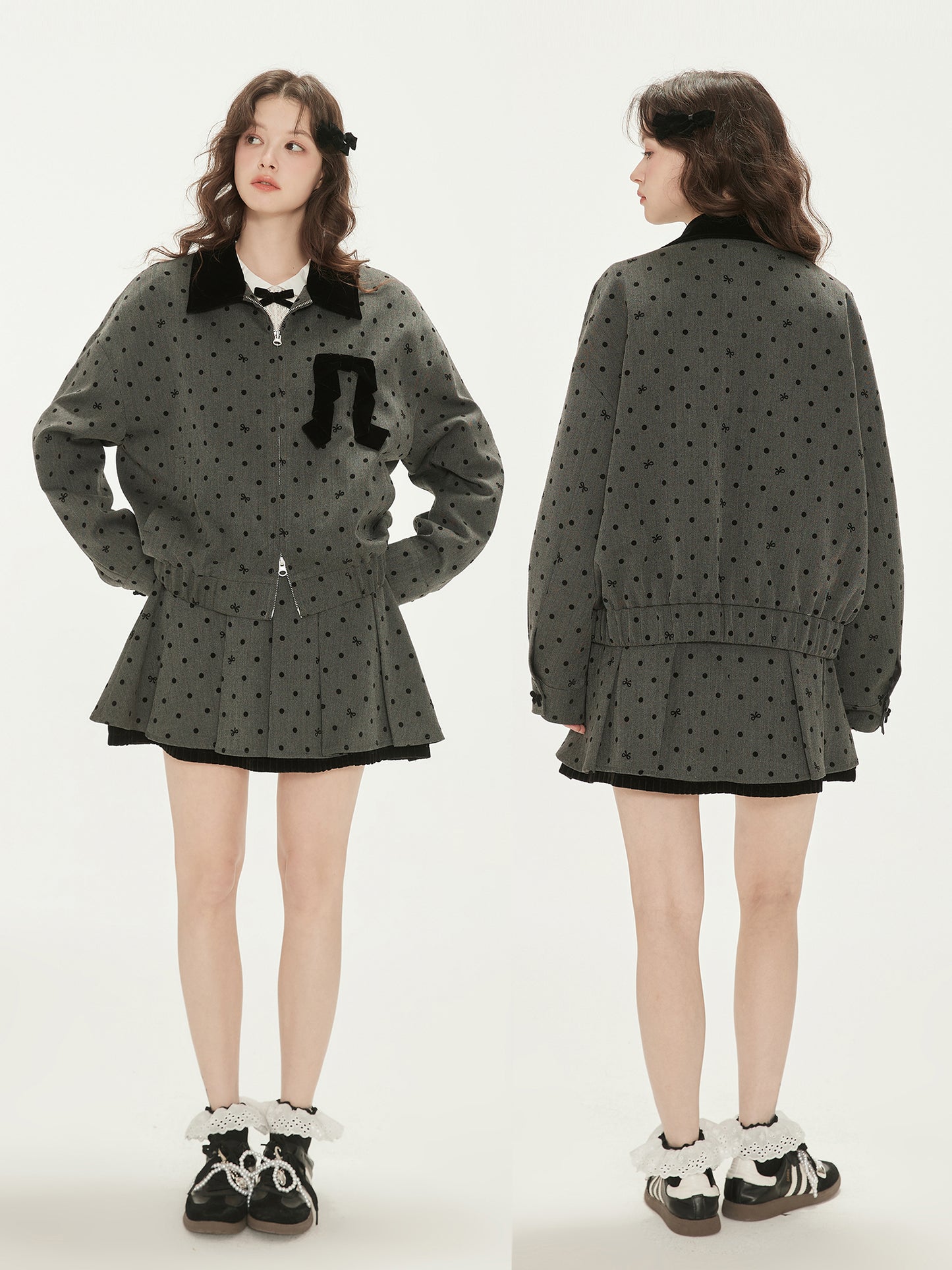 Bow Dot Herringbone Zip Jacket And Pleated Skirt