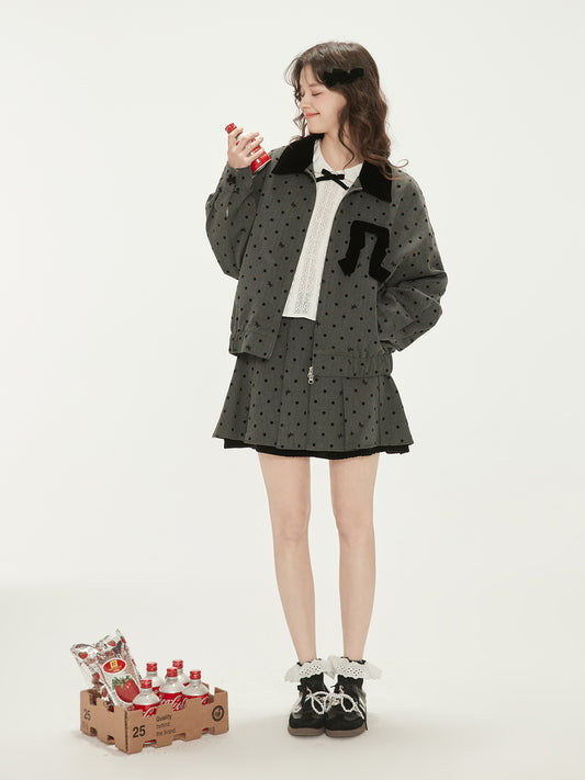 Bow Dot Herringbone Zip Jacket And Pleated Skirt