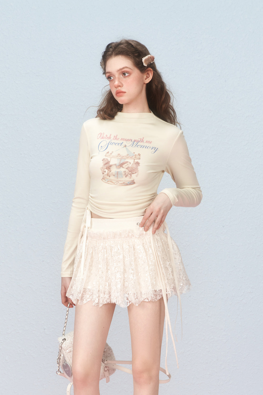 Mock Neck Printed Crop T-Shirt With Ruched Waist