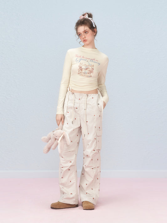 Mock Neck Printed Crop T-Shirt With Ruched Waist