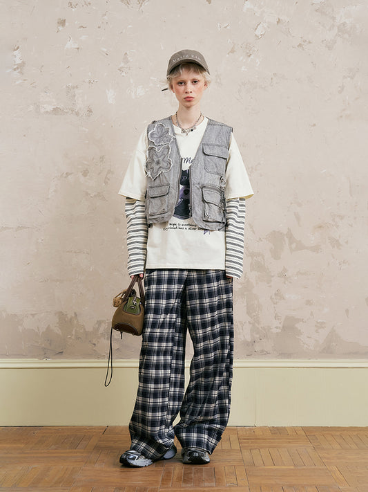 Washed Utility Vest With Flower Patches