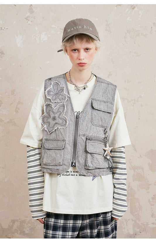 Washed Utility Vest With Flower Patches
