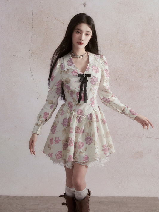 Elegant Rose-Printed Dress With Bijou Bow