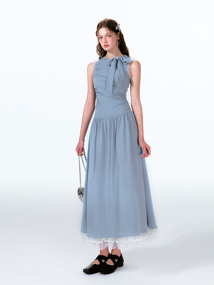 Lace Trim Asymmetrical Ruched Tie Neck Maxi Dress