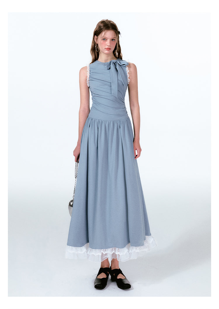 Lace Trim Asymmetrical Ruched Tie Neck Maxi Dress