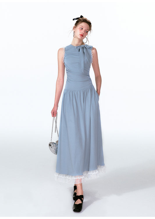 Lace Trim Asymmetrical Ruched Tie Neck Maxi Dress