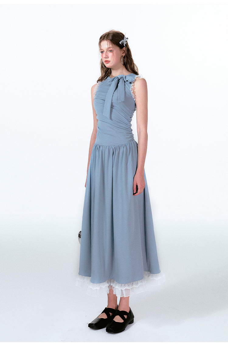 Lace Trim Asymmetrical Ruched Tie Neck Maxi Dress