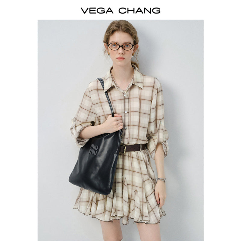 Plaid Ruffled Hem Dress With Strap Sleeves