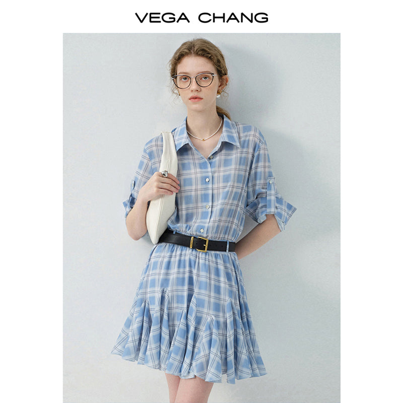 Plaid Ruffled Hem Dress With Strap Sleeves