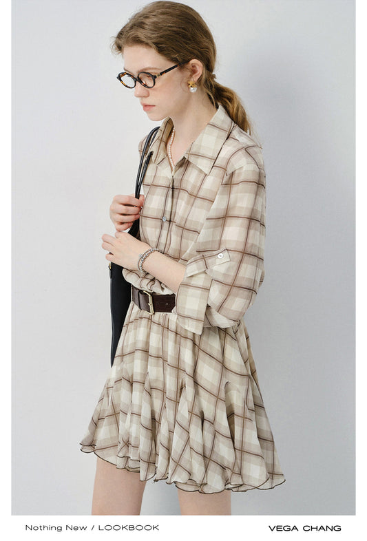 Plaid Ruffled Hem Dress With Strap Sleeves