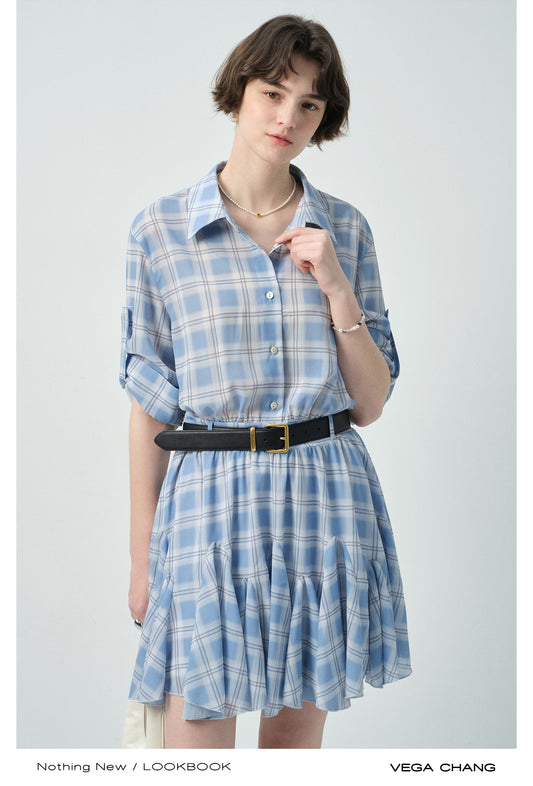 Plaid Ruffled Hem Dress With Strap Sleeves