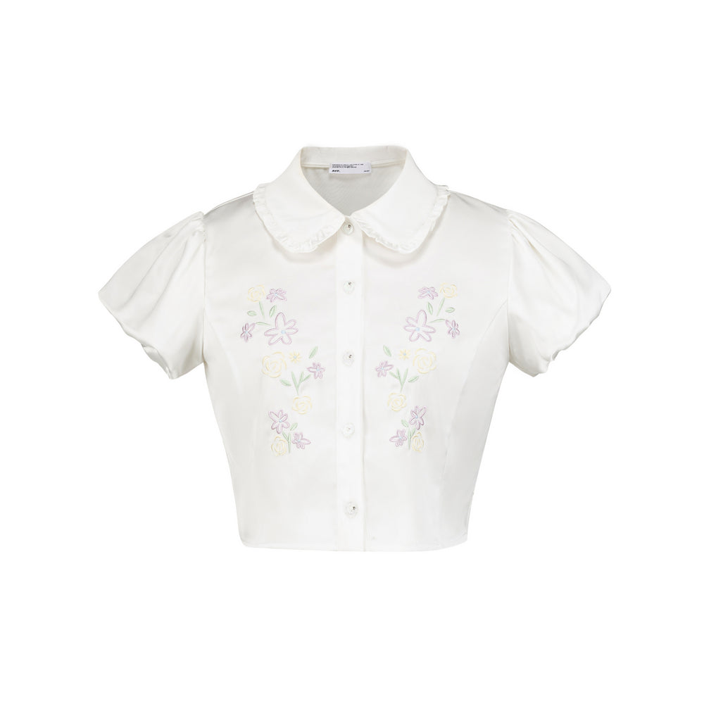 Sheen Floral Embroidered Blouse With Bubble Sleeves