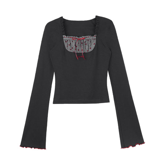 Flocked Heart Detail Bell Sleeve Top