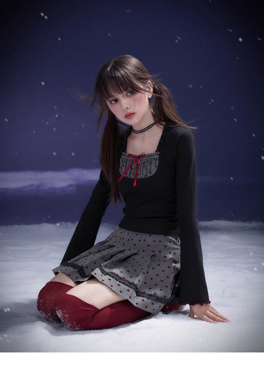 Flocked Heart Detail Bell Sleeve Top