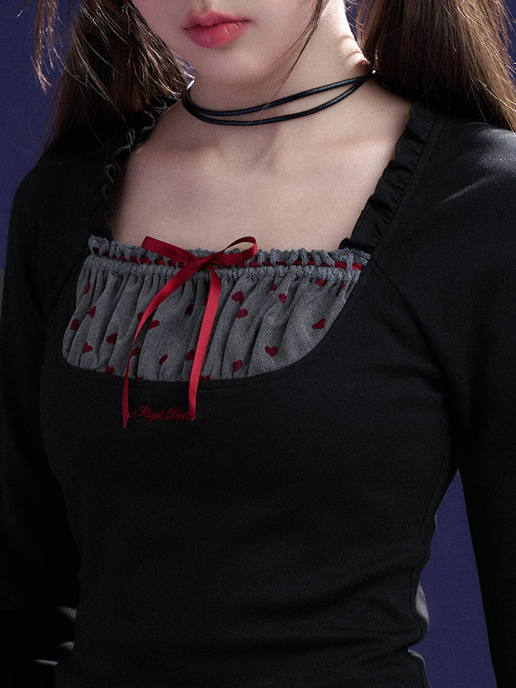 Flocked Heart Detail Bell Sleeve Top