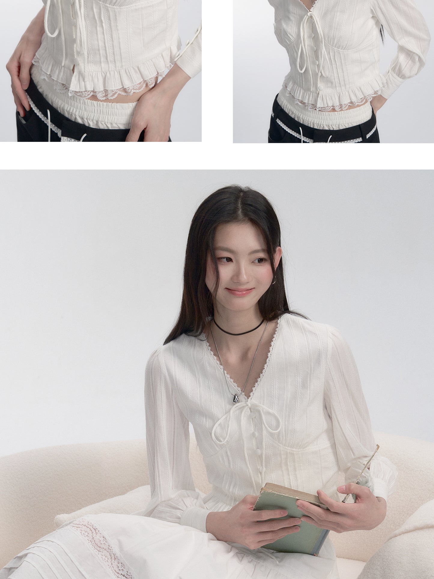 Victorian Pintuck Collarless V-Neck Blouse