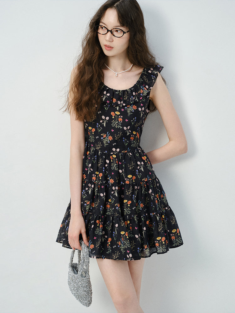 Soft Gathered Mini Dress In Vintage-Style Floral