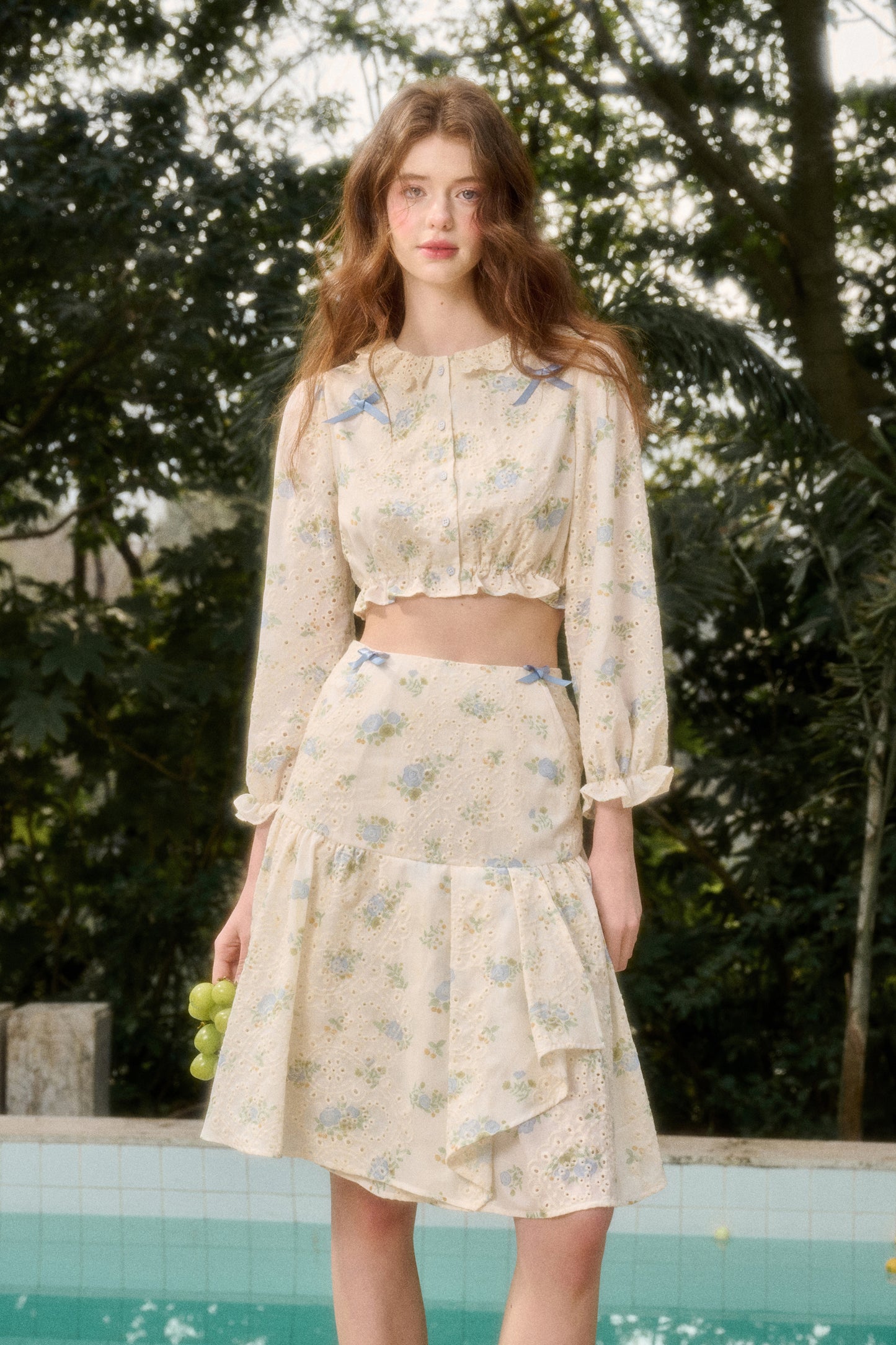 Floral Eyelet Embroidery Cropped Blouse And Skirt With Bows