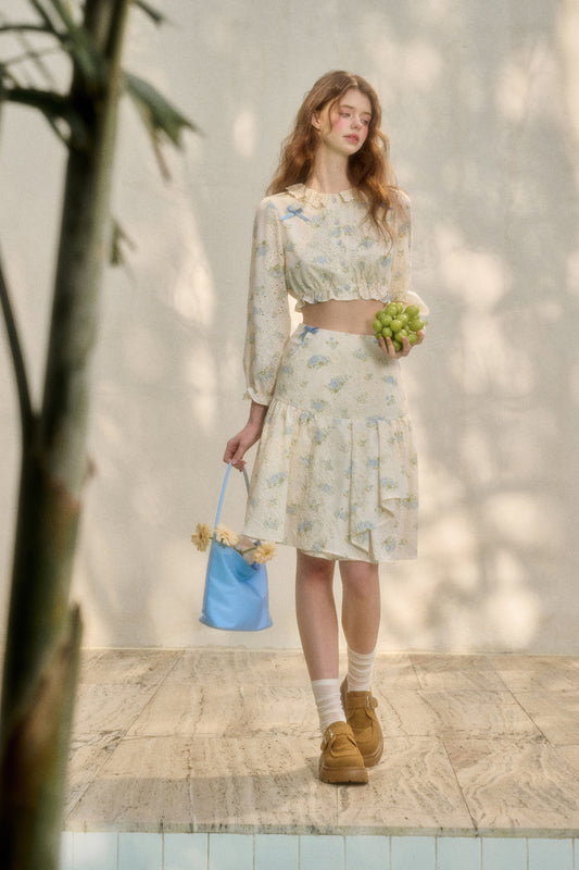 Floral Eyelet Embroidery Cropped Blouse And Skirt With Bows