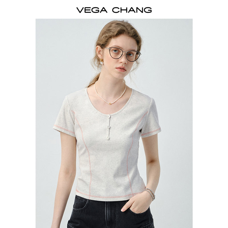 Contrast-Stitched Henley Neck T-Shirt