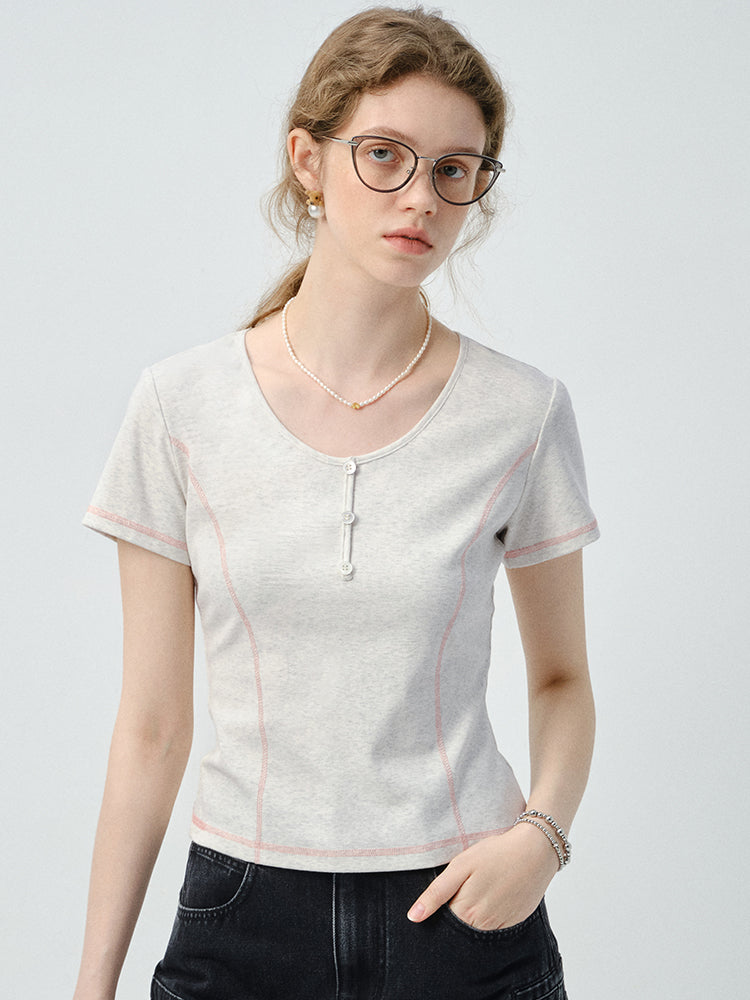 Contrast-Stitched Henley Neck T-Shirt