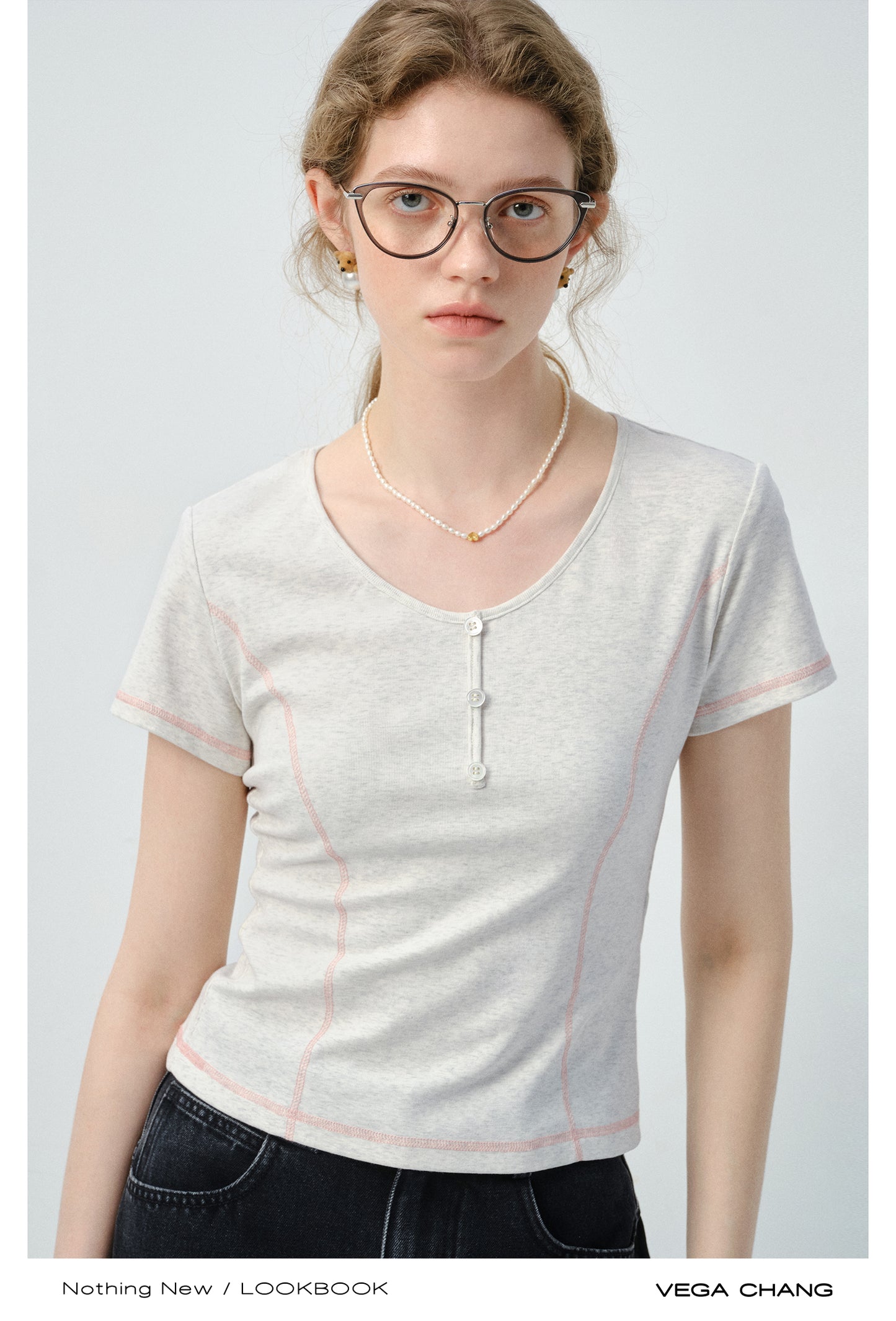 Contrast-Stitched Henley Neck T-Shirt