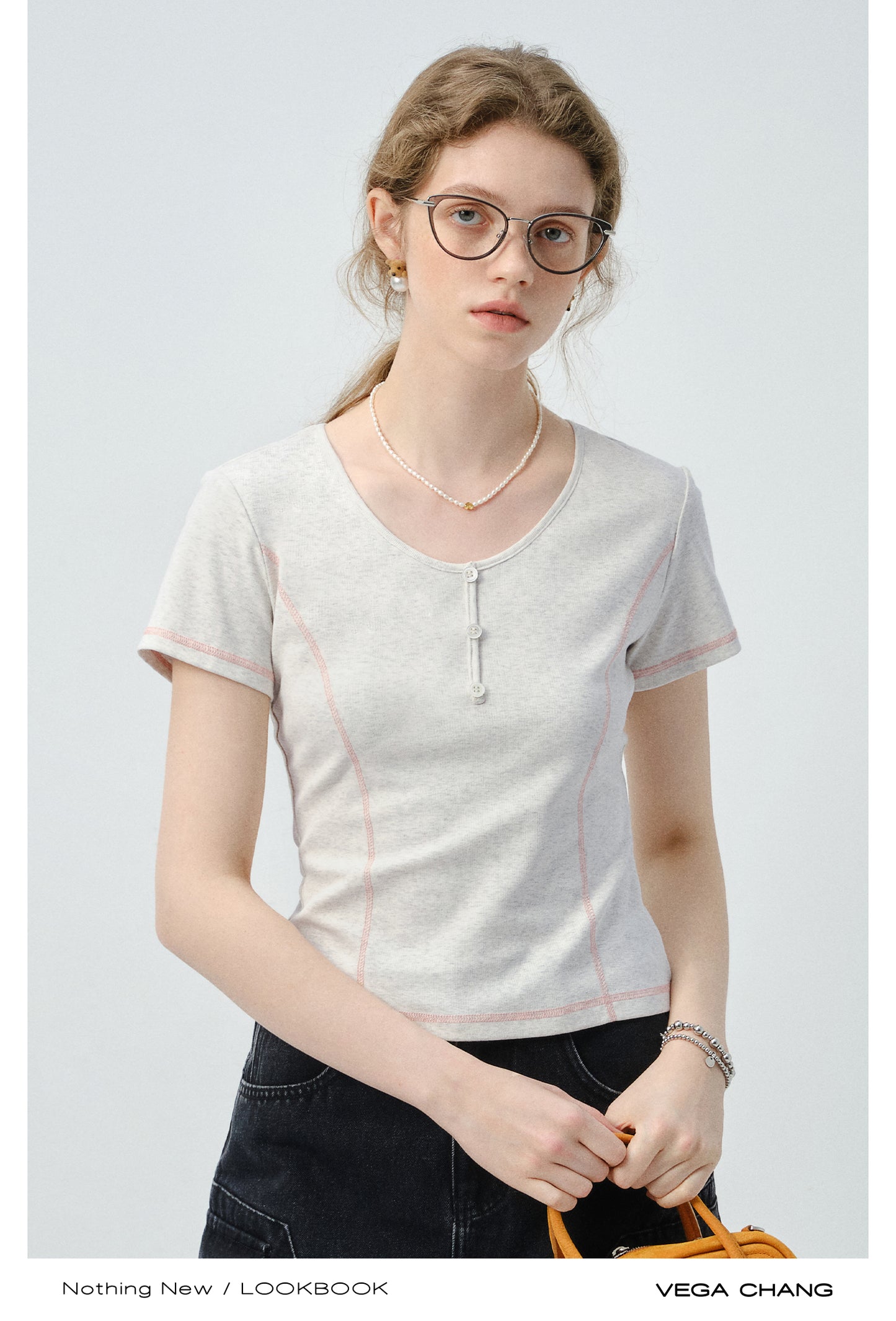Contrast-Stitched Henley Neck T-Shirt