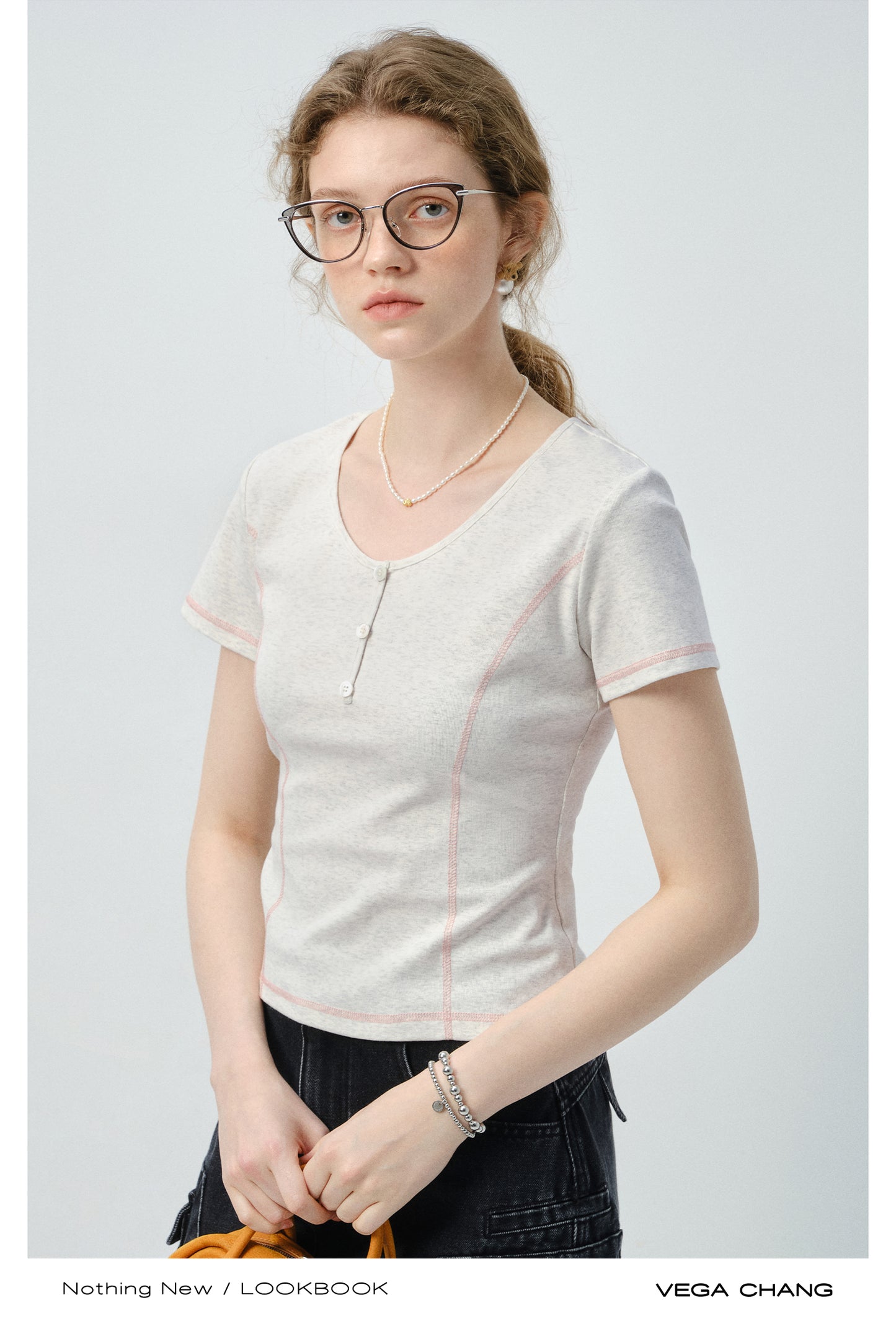 Contrast-Stitched Henley Neck T-Shirt