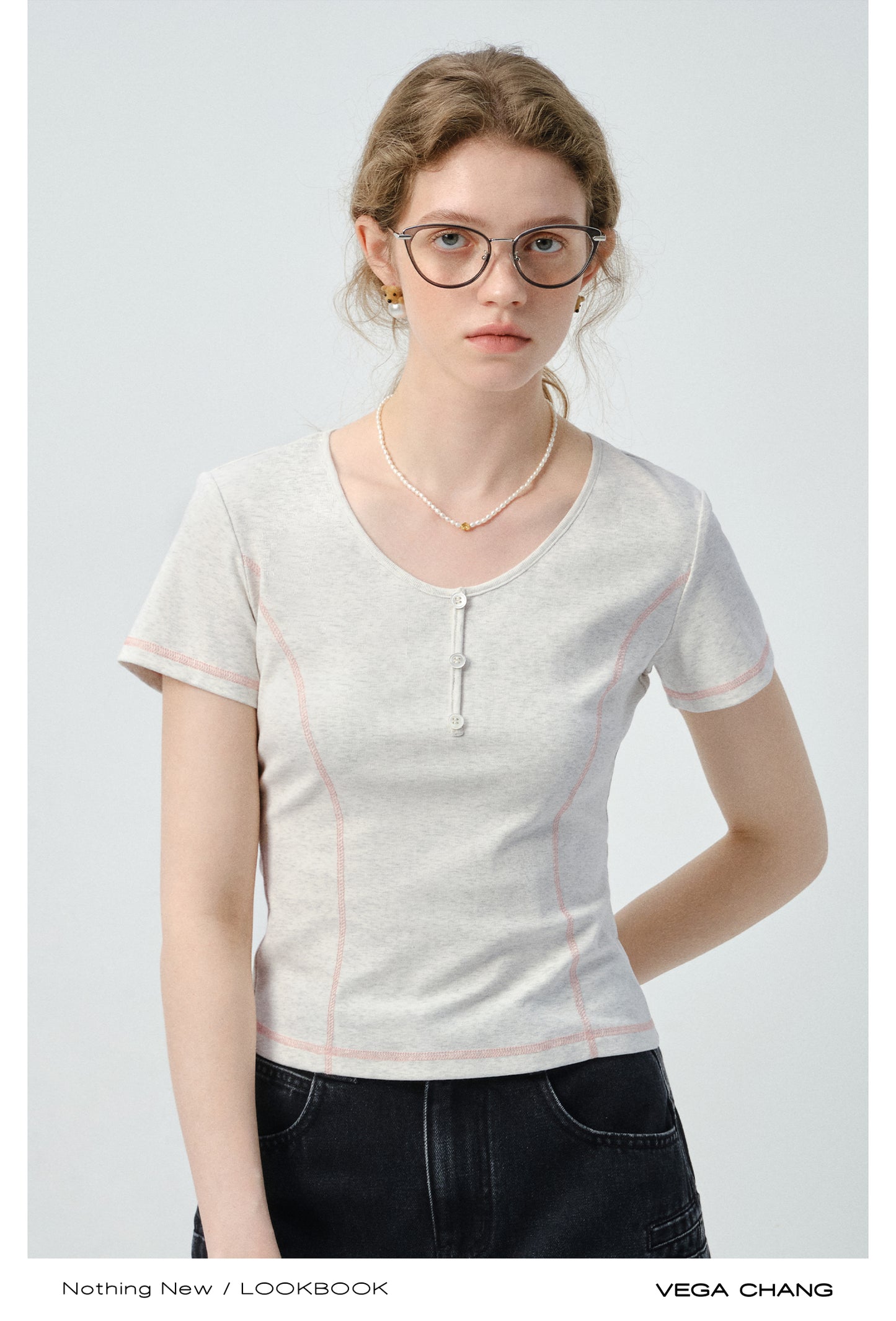 Contrast-Stitched Henley Neck T-Shirt