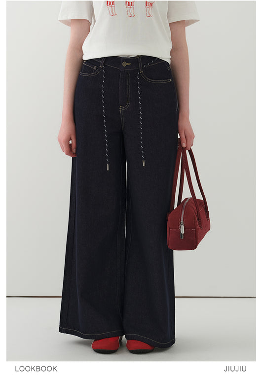High Waist Wide-Leg Denim Pants With Rope Tie Belt
