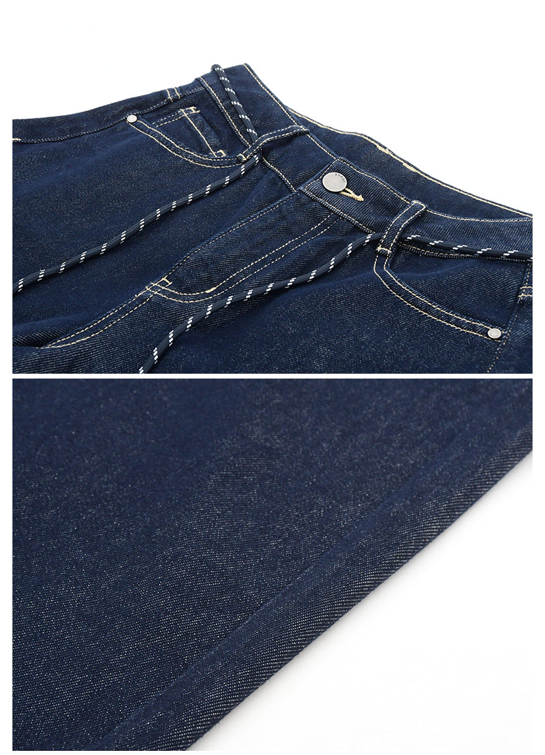 High Waist Wide-Leg Denim Pants With Rope Tie Belt