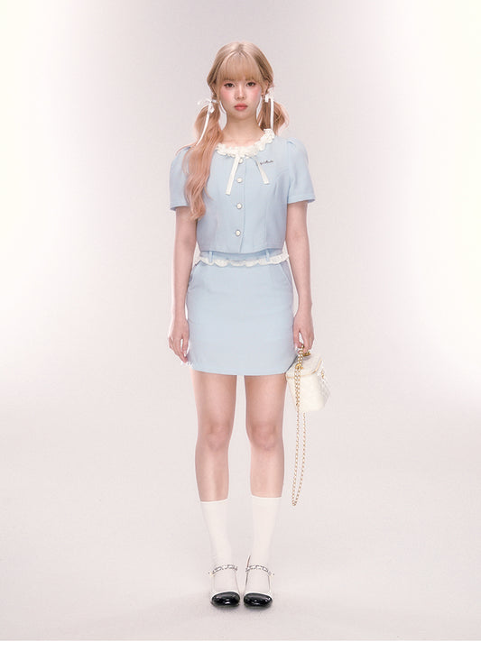 Puff-Sleeve Ruffled Button-Up Blouse And Skirt