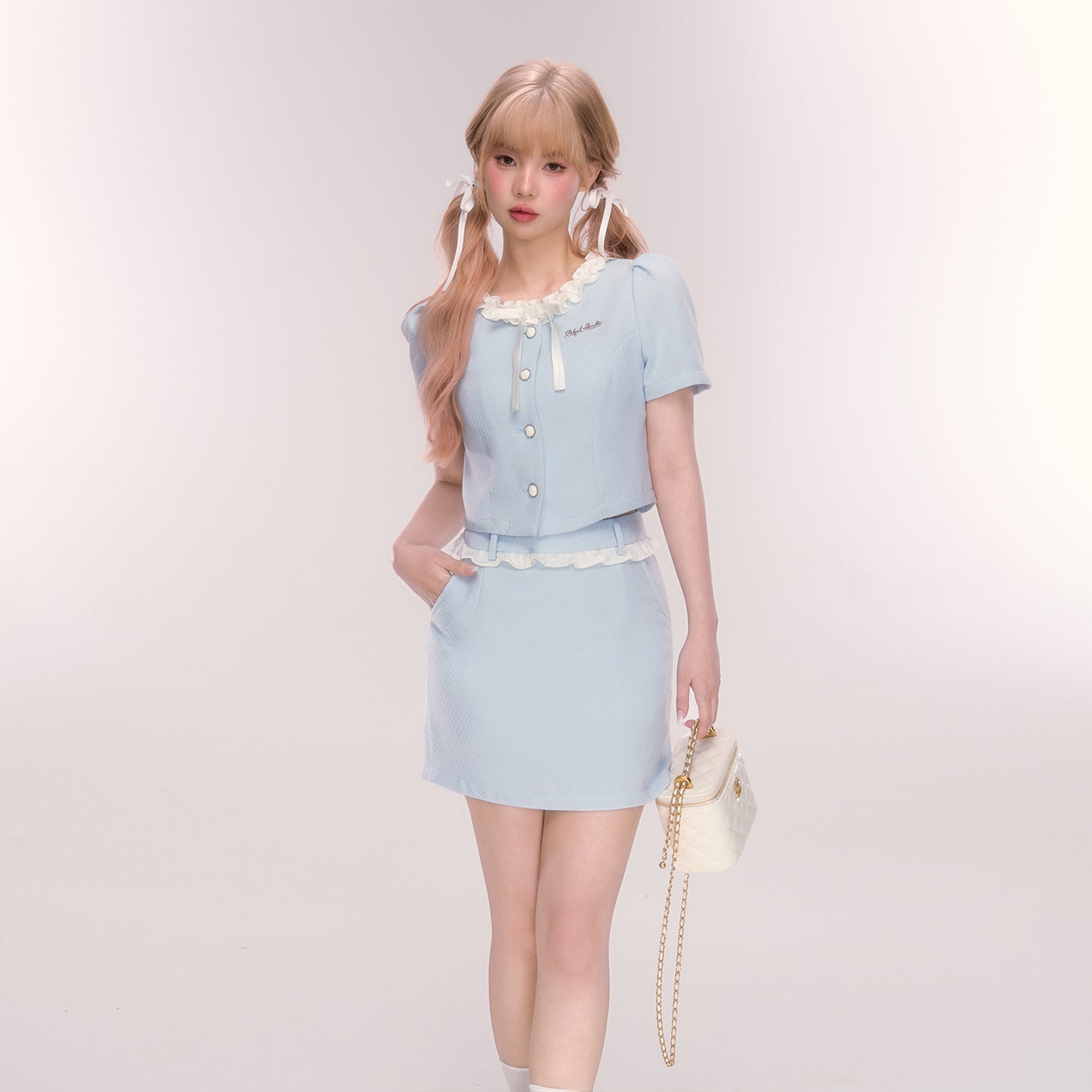 Puff-Sleeve Ruffled Button-Up Blouse And Skirt