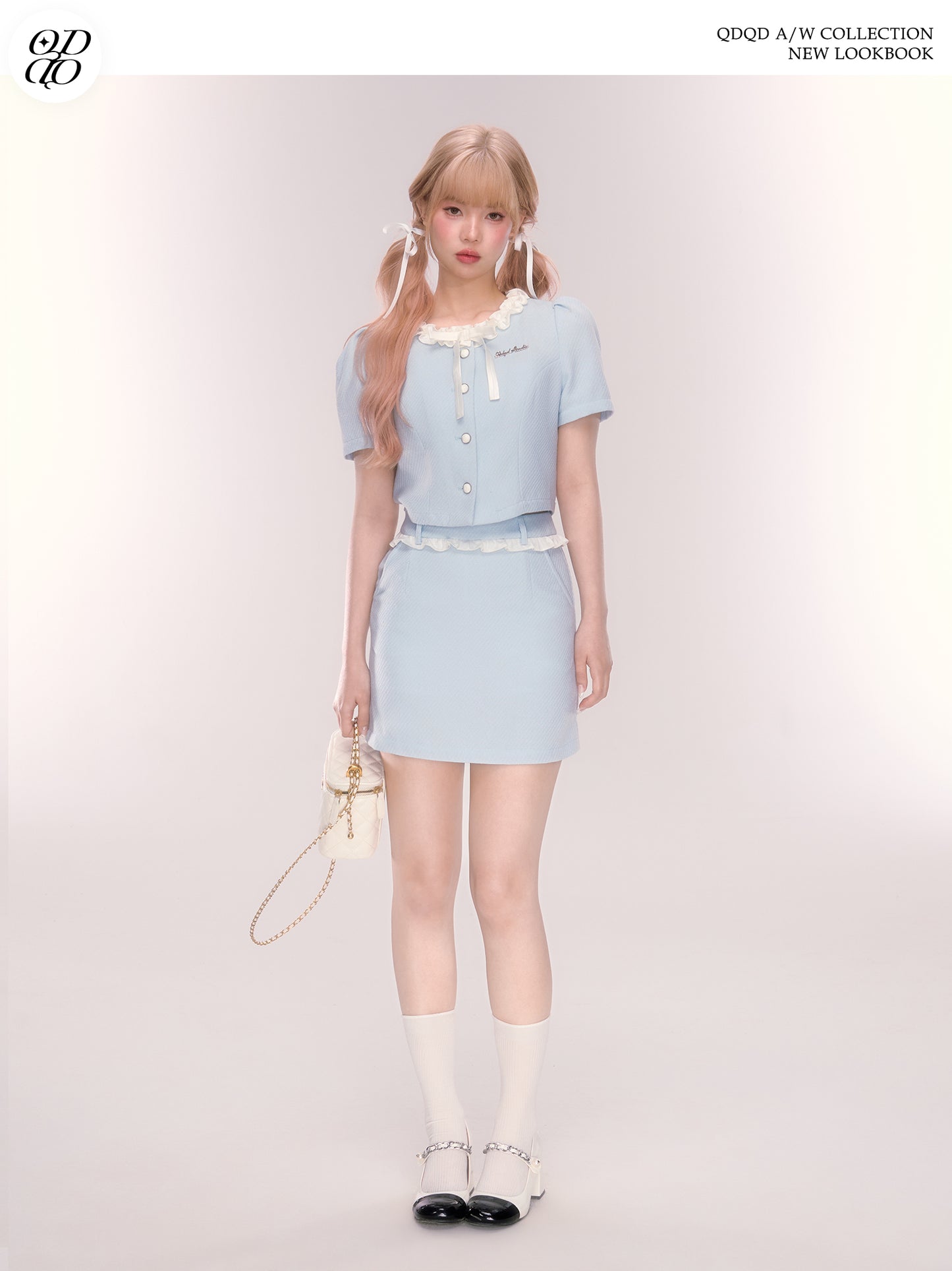 Puff-Sleeve Ruffled Button-Up Blouse And Skirt