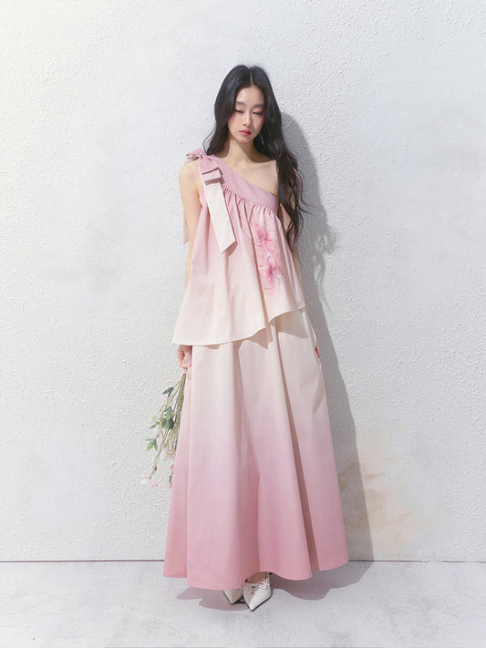One-Shoulder Floral Gradient Dress